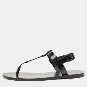 Saint Laurent Black Leather Cassandre Thong Sandals Size 45