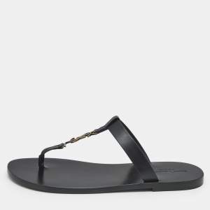 Pre Owned Saint Laurent Black Leather Cassandre Thong Flats Size 45