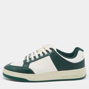 Saint Laurent Green/White Leather and Canvas Low Top Sneakers Size 42