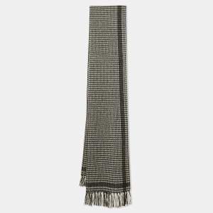 Saint Laurent Monochrome Houndstooth Wool Fringed Scarf