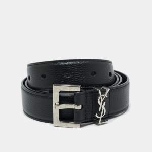 Saint Laurent Black Leather Cassandre Buckle Belt 95 CM