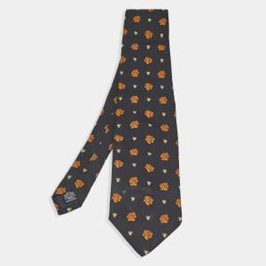 Pre Owned Yves Saint Laurent Black Floral Print Silk Traditional Tie 