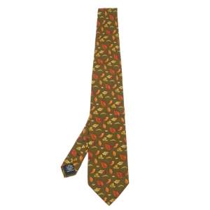 ربطة عنق إيف سان لوران حرير بطبعة أوراق الشجر و الخنفساء خضراء