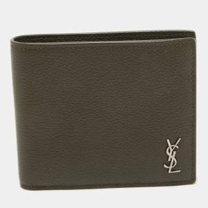 Saint Laurent Olive Green Leather Tiny Cassandre East/West Bifold Wallet