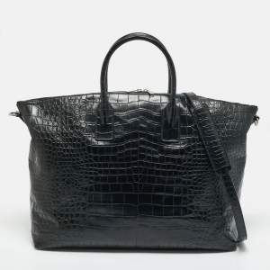 Pre Owned Saint Laurent Black Croc Embossed Leather Giant Bowling Bag