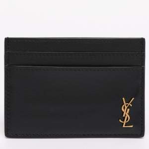 Pre Owned Saint Laurent Black Leather Tiny Cassandre Card Holder