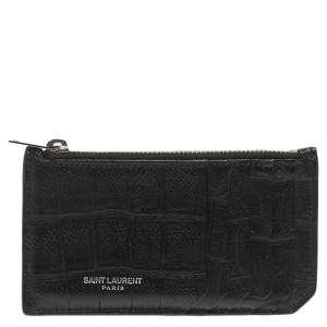 Saint Laurent Paris Black Croc Embossed Leather Zip Card Holder 