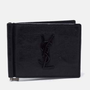 Saint Laurent Black Croc Embossed Leather Bifold Money Clip