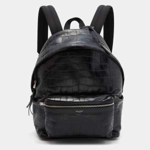 Saint Laurent Black Croc Embossed Leather and Canvas City Backpack