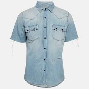 Saint Laurent Blue Distressed Denim Shirt M