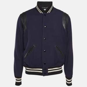 Saint Laurent Blue/Black Leather Trim Wool Bomber Jacket L