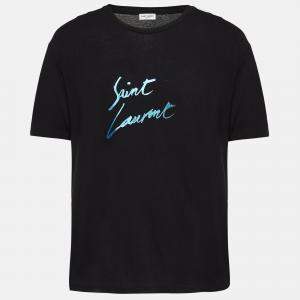 Saint Laurent Paris Black Logo Signature Print Cotton T-Shirt S