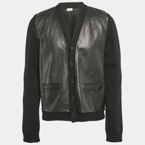 Saint Laurent Paris Black Wool Knit and Leather Jacket XL
