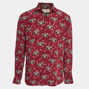 Saint Laurent Paris Red Printed Silk Long Sleeve Shirt M