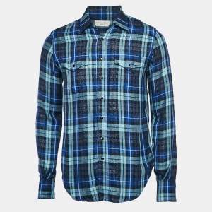 Saint Laurent Blue/Metallic Lurex Plaid Flannel Shirt L