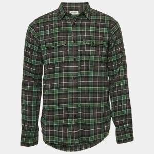Saint Laurent Paris Green Checked Cotton Raw Edge Shirt XS