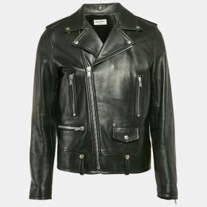 Saint Laurent Paris Black Leather Zipper Detail Biker Jacket XL