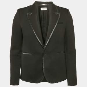Saint Laurent Black Wool & Leather Trim Blazer M