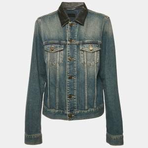 Saint Laurent Blue Washed Denim Collar Leather Trimmed Jacket L