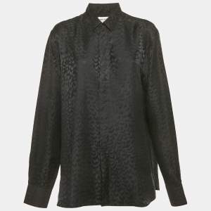 Saint Laurent Black Patterned Satin Silk Long Sleeve Shirt M