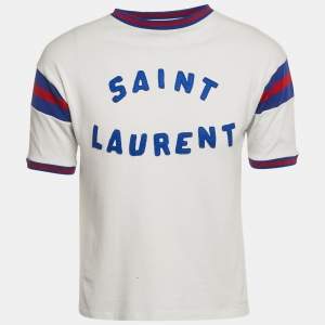 مملوكة مسبقًا Saint Laurent Paris White Logo Applique Jersey Crewneck T-Shirt M