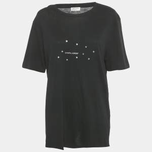 Pre Owned Saint Laurent Paris Black Stars Archive Logo Print Cotton Crew Neck T-Shirt L