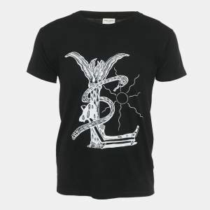 Pre Owned Saint Laurent Black Printed Jersey Crewneck T-Shirt XS