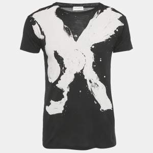Pre Owned Saint Laurent Paris Black Printed Cotton Crewneck T-Shirt XS 