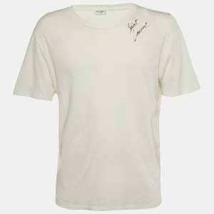 Pre Owned Saint Laurent Paris White Signature Script Cotton Crew Neck T-Shirt M