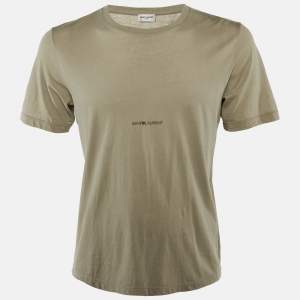 Pre Owned Saint Laurent Paris Olive Green Logo Printed Cotton Crew Neck T-Shirt S