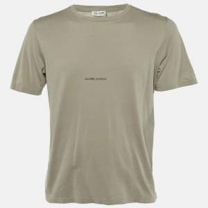 Pre Owned Saint Laurent Paris Olive Green Logo Printed Cotton Crew Neck T-Shirt S
