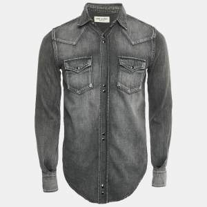 مملوكة مسبقًا قميص دنيم بأزرار سان لوران باريس أسود مقاس وسط