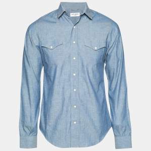 مملوكة مسبقًا قميص سان لوران باريس بأكمام طويلة من شامبراي أزرق مقاس صغير