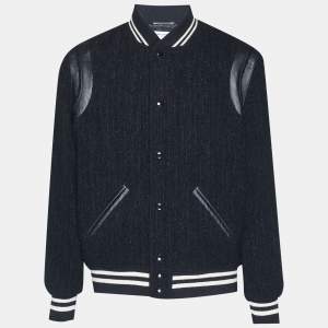 مملوكة مسبقًا Saint Laurent Black Leather Trim Tweed Varsity Jacket XXL
