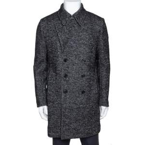 Saint Laurent Paris Monochrome Chevron Tweed Double Breasted Pea Coat L 