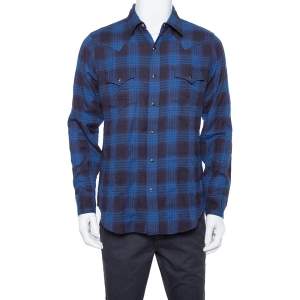 Saint Laurent Paris Navy Blue Plaid Flannel Long Sleeve Shirt L