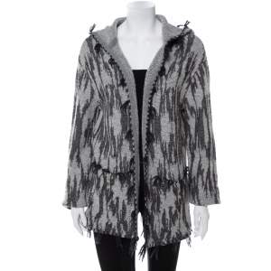 Saint Laurent Paris Grey Ikat Motif Patterned Wool & Linen Hooded Baja Cardigan M