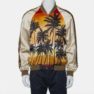 Saint Laurent Paris Cream Palm Tree Printed Satin Lurex Knit Trim Detail Zipper Front Jacket XL