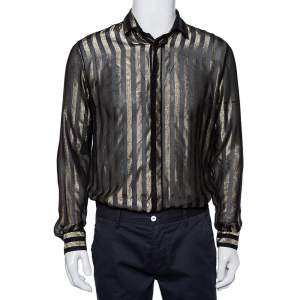 Saint Laurent Paris Black Lurex Striped Silk Button Front Sheer Shirt S