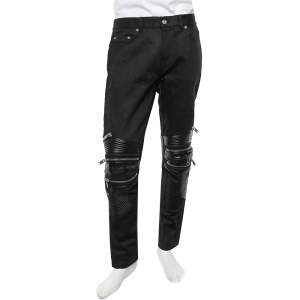 Saint Laurent Paris Black Denim Leather Trim Biker Jeans M