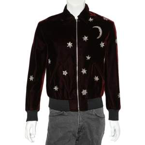 Saint Laurent Paris Burgundy Velvet Moon & Stars Embellished Teddy Jacket M