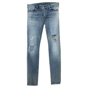Saint Laurent Paris Blue Washed Out Denim Distressed Jeans S