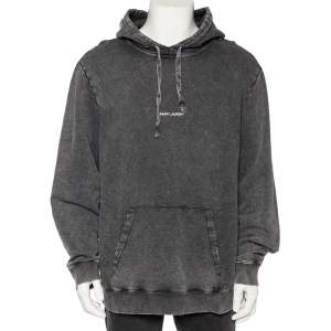 Saint Laurent Grey Distressed Cotton Logo Printed Hoodie XXL