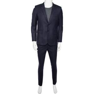 Saint Laurent Navy Blue Striped Wool Single Breasted Suit M