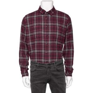 Saint Laurent Burgundy Checked Cotton Button Front Shirt M