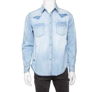 Saint Laurent Blue Distressed Denim Pocketed Button Front Shirt M