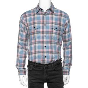 Saint Laurent Blue Checkered Cotton Button Front Shirt M