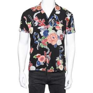 Saint Laurent Black Floral Printed Cotton Short Sleeve Love Bowling Shirt S