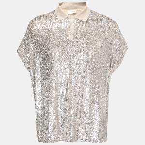 Saint Laurent Silver Sequin Embellished Lurex Knit Polo T-Shirt XXL