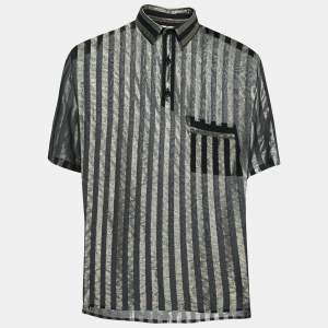 Saint Laurent Black Lurex Striped Silk Short Sleeve Sheer Shirt XXL